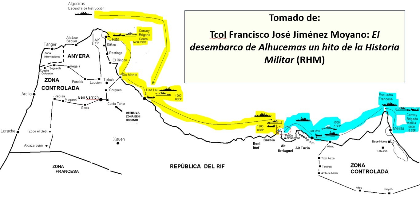En amarillo, la ruta de la columna del general Saro