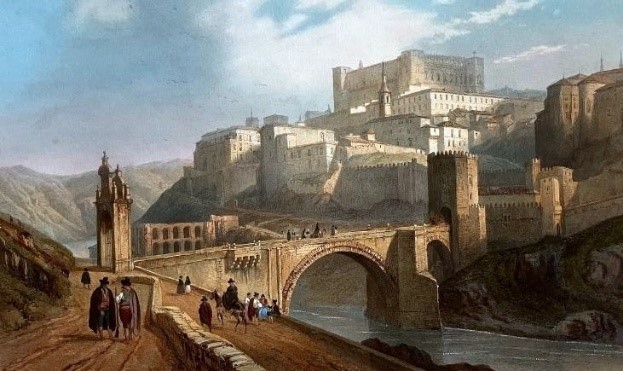Litografía del puente de Alcántara y del Alcázar de Toledo de Bichebois