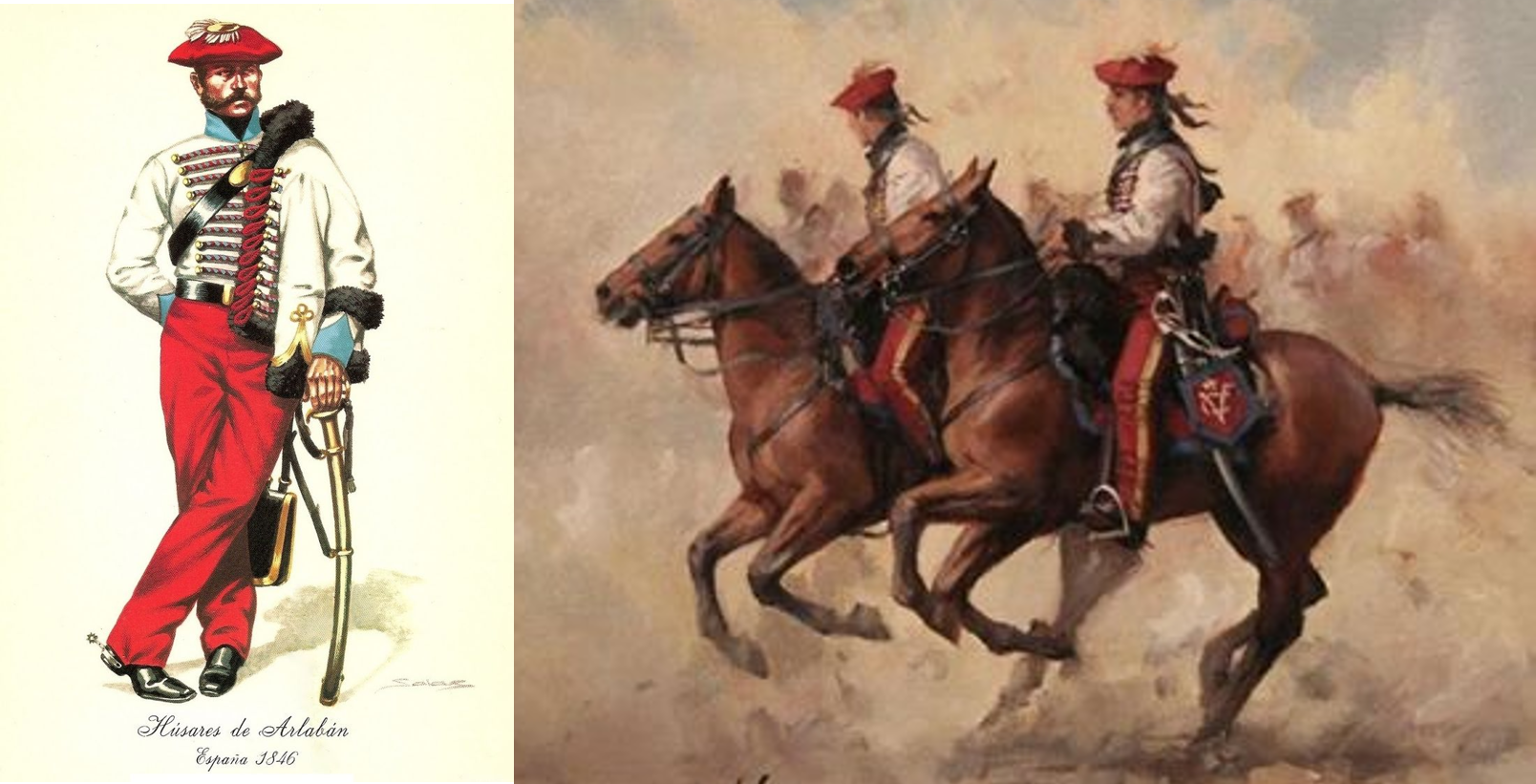 Figura 8.- Húsares de Arlaban. Ilustración de Salas y óleo de Ferrer Dalmau