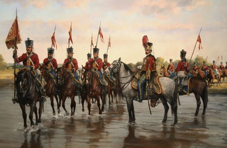 Figura 11.- Húsares de la Princesa. Óleo de Ferrer Dalmau que en esta ocasión ha representado a los húsares con las casacas británicas recuperadas de la Guerra de Independencia