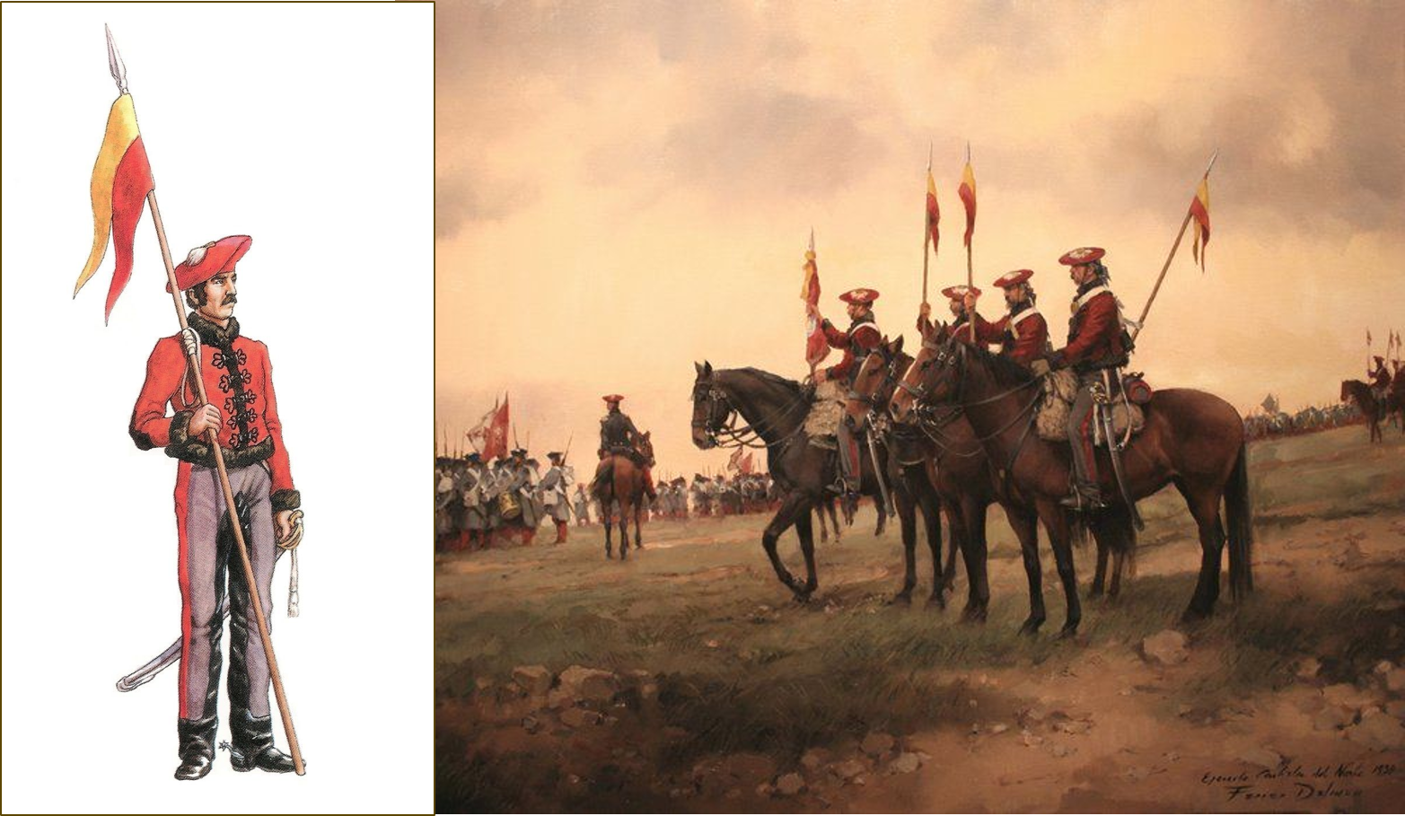 Figura 18. Lanceros de Guipúzcoa. Dibujo de Juan Carlos Carrasco y óleo de Ferrer Dalmau