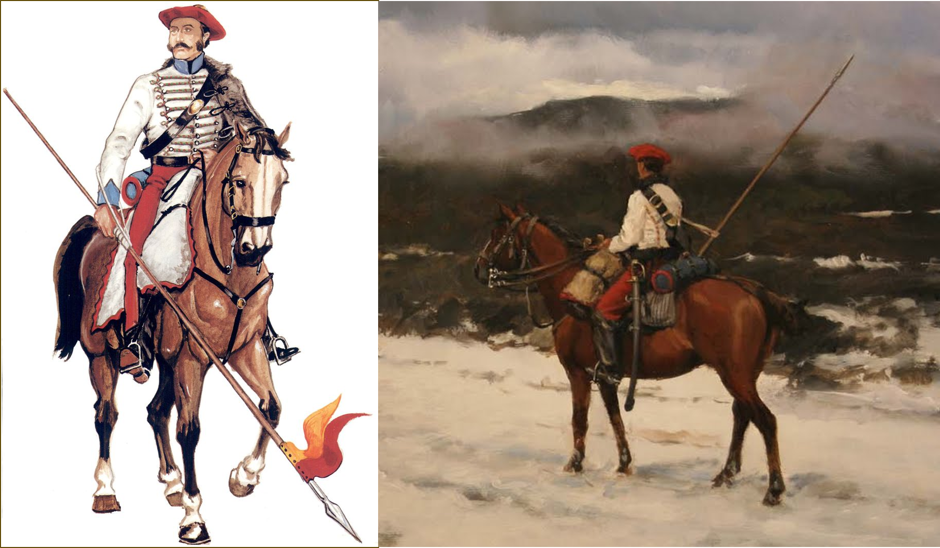 Figura 21. Húsares de Ontoria. Dibujo de Carlos Carrasco y óleo de Ferrer Dalmau