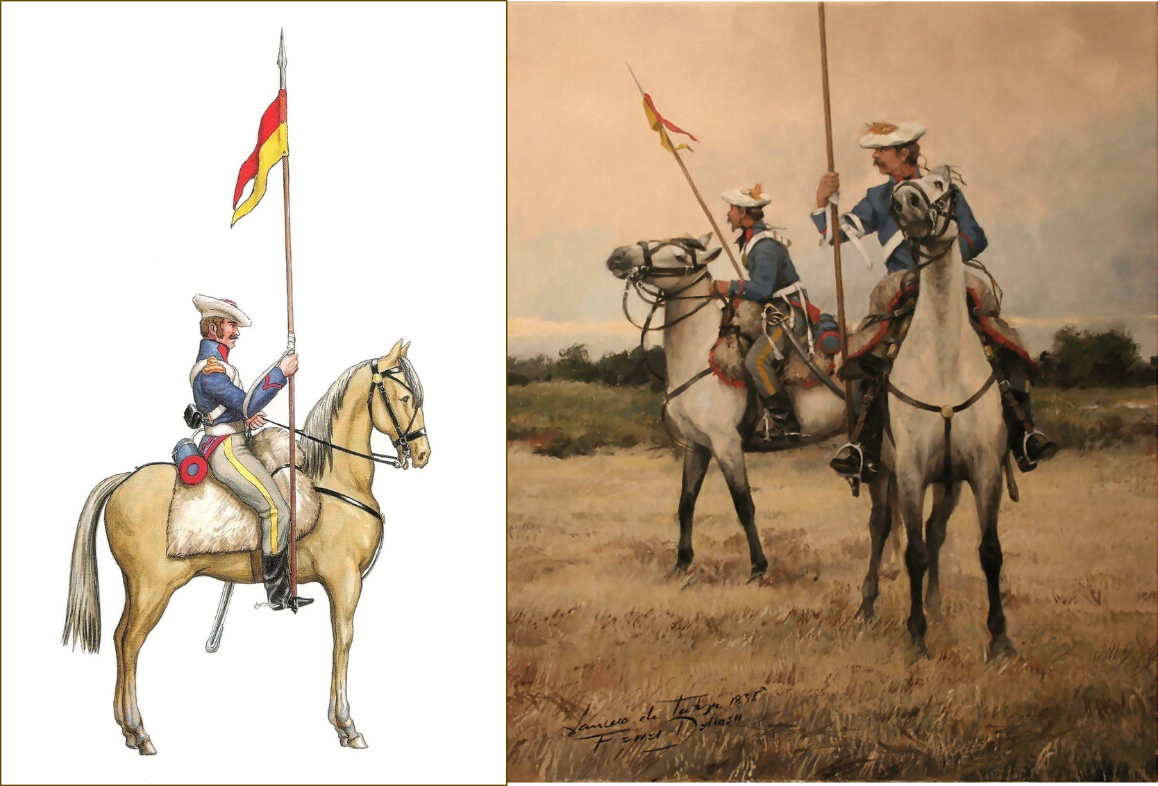 Figura 22. Lanceros de Tortosa. Dibujo de Carlos Carrasco y óleo de Ferrer Dalmau